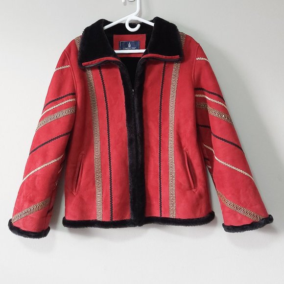 London Fog Women's Suede Coat Faux Fur Small Red Zip Up Embroidered Stitching - Picture 1 of 11
